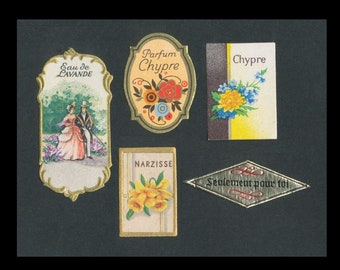 Tiny Antique Perfume Labels / Parfum Chypre, Eau de Lavande / French and German Paper Ephemera / Altered Book Embellishment, ATC Addition