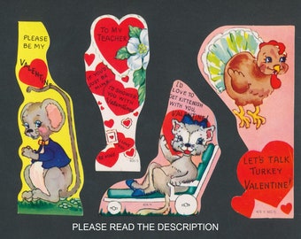 1950's Vintage Valentine Cards / Mid-Century Animal Illustrations / Junk Journal Embellishment, Scrapbooking, Altered Book Addition, Unused