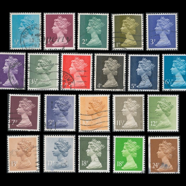 21 Queen Elizabeth Vintage Postage Stamps / Collage, Crafts, Decoupage, Mixed Media, ATC, Junk Journal / England, Britain, United Kingdom