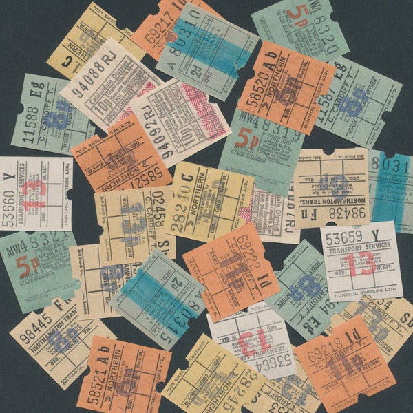 Retro U.K. Bus Tickets / England, Britain /  Perfect in Collage, Artist Trading Cards, Scrapbooks, Junk Journals, Altered Books, Mixed Media