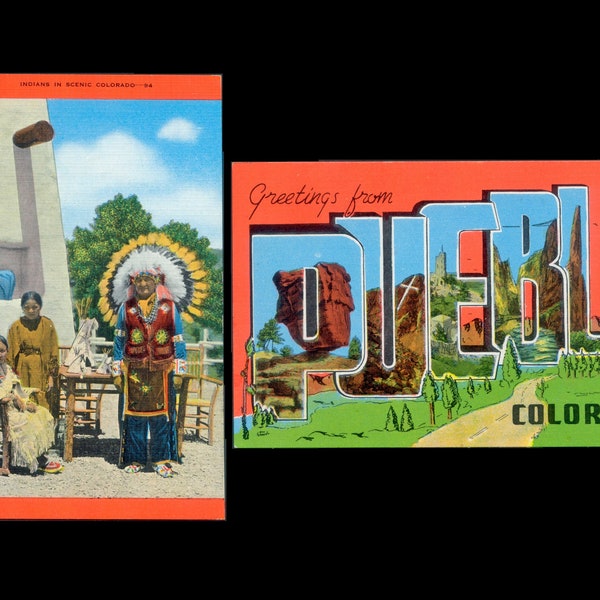 Two Vintage Linen Postcards / Greetings From Pueblo / Indians, Chief In Scenic Colorado / Collectable, Collage, Altered Book, Junk Journal