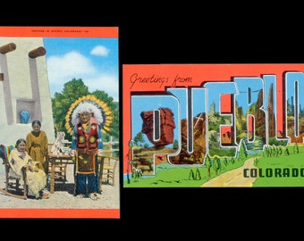 Two Vintage Linen Postcards / Greetings From Pueblo / Indians, Chief In Scenic Colorado / Collectable, Collage, Altered Book, Junk Journal