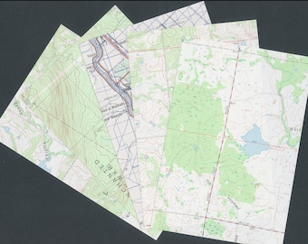Topographical Maps from Notepads / Green and White / Collage Paper, Glue Book Addition, Altered Book Embellishment, Bon Voyage Messages, ATC