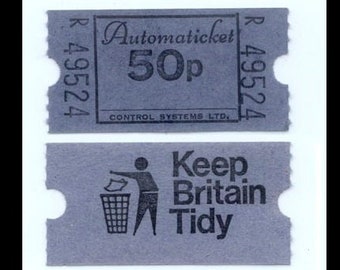 Retro British Tickets / Blue 50p Automaticket / Keep Britain Tidy / Mixed Media, Costumes, Travel Collage, Artist Trading Card, Scrapbooking
