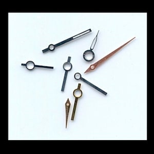 May include: A set of six watch hands in various styles and colors. The hands are made of metal and have a variety of finishes, including silver, gold, and copper.