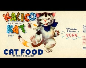 1958 Kalico Kat Food Label, Buffalo NY / So Cute When Framed for Kitchen Decor or Children's Room, Junk Journal Embellishment, Collage Image