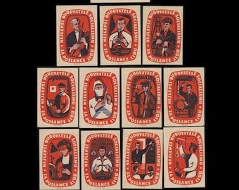 1960 Vintage Czechoslovakia Matchbox Labels / Professions + Careers / Scientist, Musician, Doctor, Shoemaker, Farmer, Teacher / Collectible