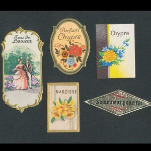 Tiny Antique Perfume Labels / Parfum Chypre, Eau de Lavande / French and German Paper Ephemera / Altered Book Embellishment, ATC Addition