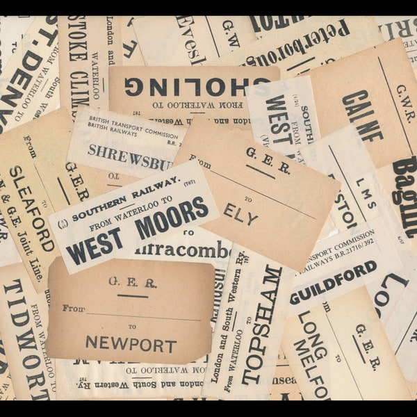 Early 1900's British Railway Luggage Labels / Vintage English Paper Ephemera / Antique Collage Art, Travel Theme Scrapbook, Junk Journal