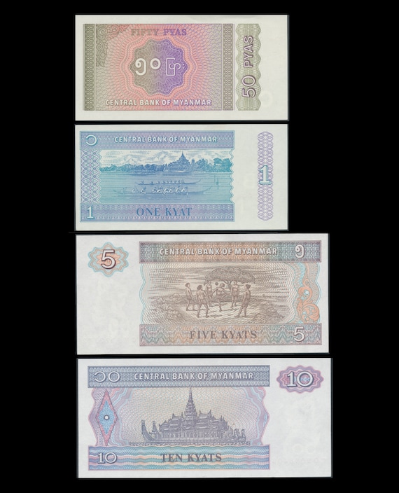 Myanmar ( Burma ) Currency 4 Banknote Set / Great Colours and