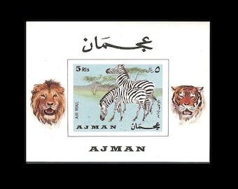 Zebra, Lion, Tiger on 1969 Ajman Postage Stamp Sheet / Africa Collage Material, Wild Animals Altered Book, Junk Journal Embellishment, ACEO