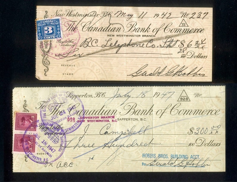 Two Vintage Cheques Checks / 1940's Paper Ephemera / Etsy
