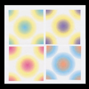 May include: Four square patterns with a white background and a repeating pattern of overlapping circles in various shades of blue, yellow, purple, pink, and orange.
