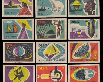 Vintage Czechoslovakian Matchbox Label Series / 1961 Paper Ephemera / Polar Bear, Space, Traditional Costumes, Science, Technology, Music