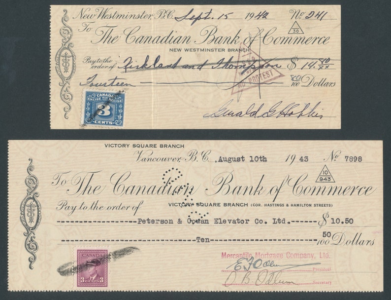 Two Vintage Cheques Checks / 1940's Paper Ephemera / Etsy