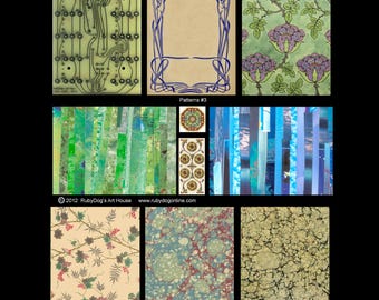 Collage Sheet / Patterns in Blues and Greens / ATC Backgrounds / Marbling, Art Deco Design, Circuit Board, Flower Patterns / Mixed Media