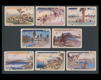 Vintage Japanese Playing Cards Featuring Famous Hiroshige Woodblock Prints / 8 Images for Collage Art Material, Altered Book Embellishment