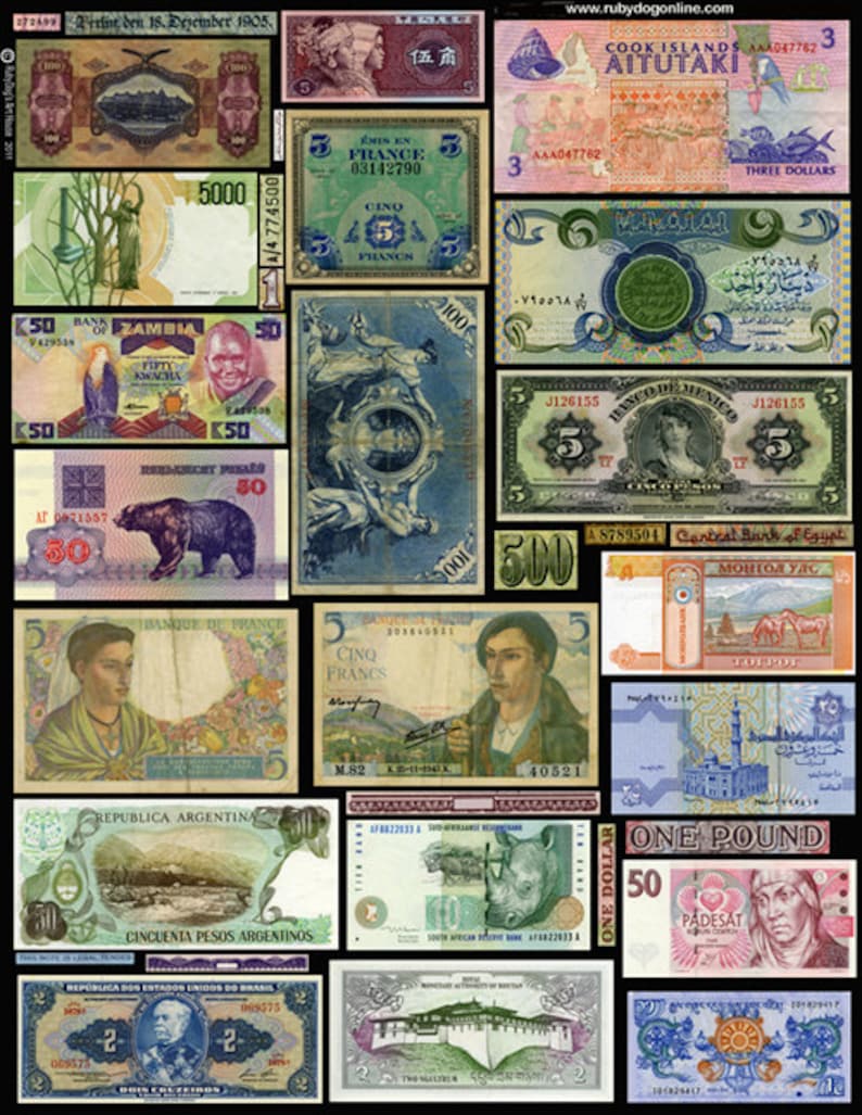 Old Currency Banknote Collage Sheet / Banque De France, Zambia, Cook ...
