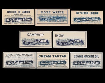 Antique Apothecary Labels / Vintage Druggist Ephemera / Rose Water, Spirit of Nitre, Arnica, etc. / Collage Art Material, ATC Embellishment