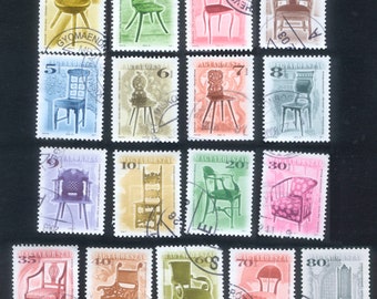 17 Chair Postage Stamps, Hungary / Collage, Mixed Media, Artist Trading Card, Altered Art, Junk Journal, Handmade Card / Furniture Design
