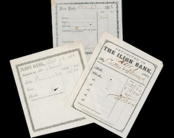 Rare Mid 1800's Ilion Bank Deposit Receipts, 3 pcs / 160 yrs Antique Ephemera, Historical Paper / Vintage Collage Material, Decoupage Supply