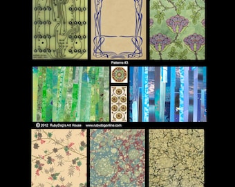 Collage Sheet / Patterns in Blues and Greens / ATC Backgrounds / Marbling, Art Deco Design, Circuit Board, Flower Patterns / Mixed Media