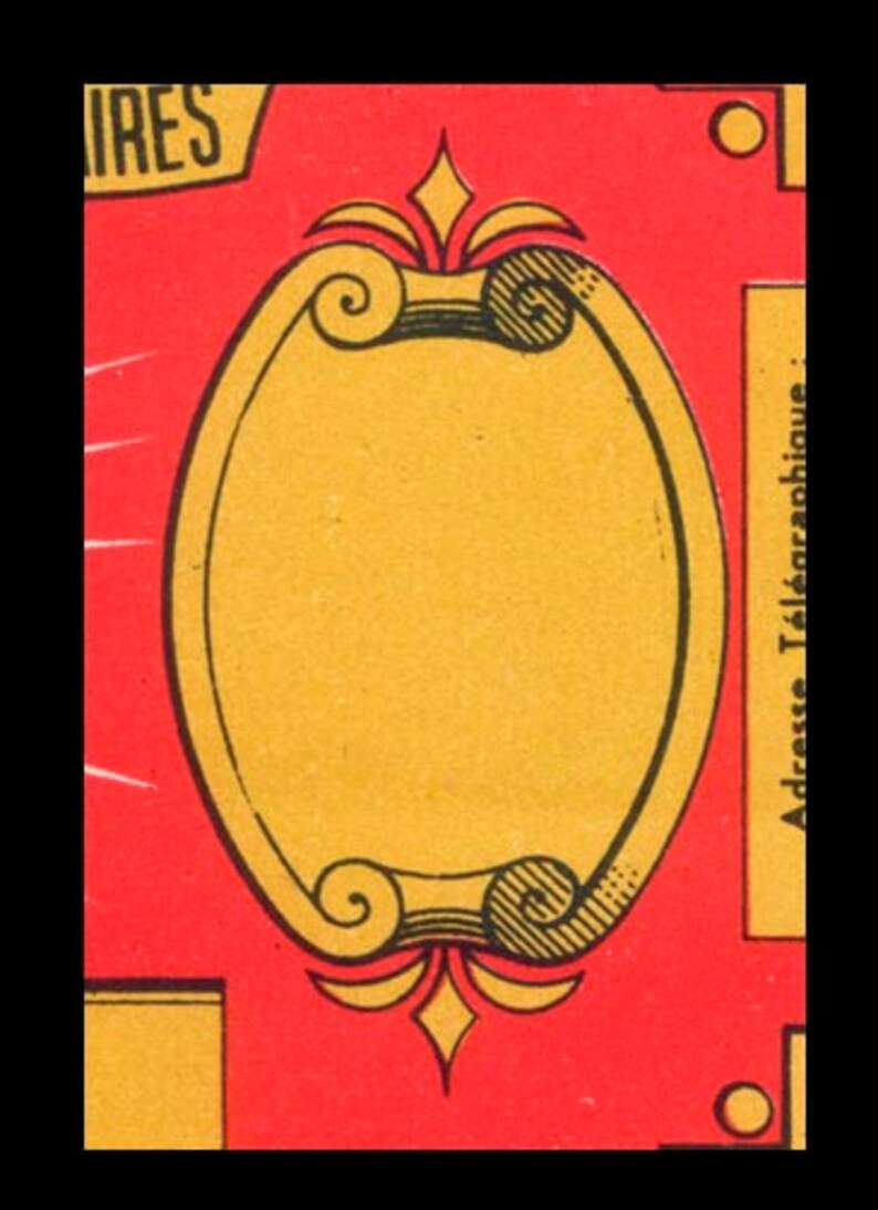 Peut inclure: Une &eacute;tiquette vintage rouge et jaune avec un cadre ovale d&eacute;coratif et le texte "Adresse Telegraphique".