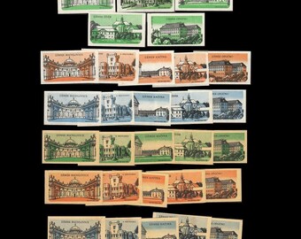 Czechoslovakia Castles on 1959 Matchbox Labels / Vintage Paper Ephemera / Green, Orange, Blue / Historical Paper, Collage Art Material, ACEO