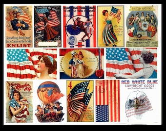 Red White and Blue Collage Sheet / July 4th Celebration, Independence Day Scrapbook Page, Stars and Stripes Altered Book, Uncle Sam Gift Tag