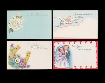 Kleine vintage bloemboeketkaarten / verjaardag, jubileum, geboorteaankondiging, bruid en bruidegom, geluk hoefijzer / kortstondig oud papier