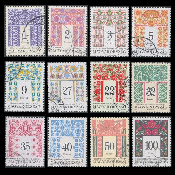 12 Gorgeous, Folk Art Postage Stamps from Hungary / Traditional Patterns and Designs /  Collage, Decoupage, Altered Books, Junk Journal, ATC