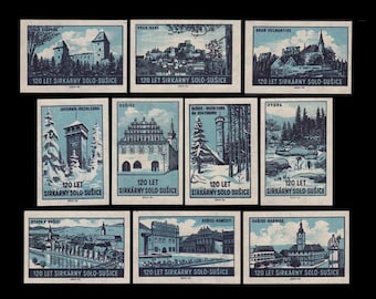 Vintage 1959 Tsjecho-Slowakije luciferetiketten / Iconic Solo Sucise Company / Blauwe kastelen en beroemde gebouwen / Verzamelset, ATC-materiaal