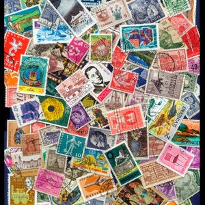 May include: A collage of international postage stamps, displaying a variety of designs and colours. The stamps, of different sizes and shapes, are arranged in an overlapping pattern. The image includes stamps with text and numbers, representing different countries and eras.