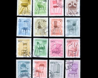 Vintage Hungarian Chair Postage Stamps / Collage Fodder, Mixed Media Supply, Handmade Card Embellishment, ATC Material / Furniture Design