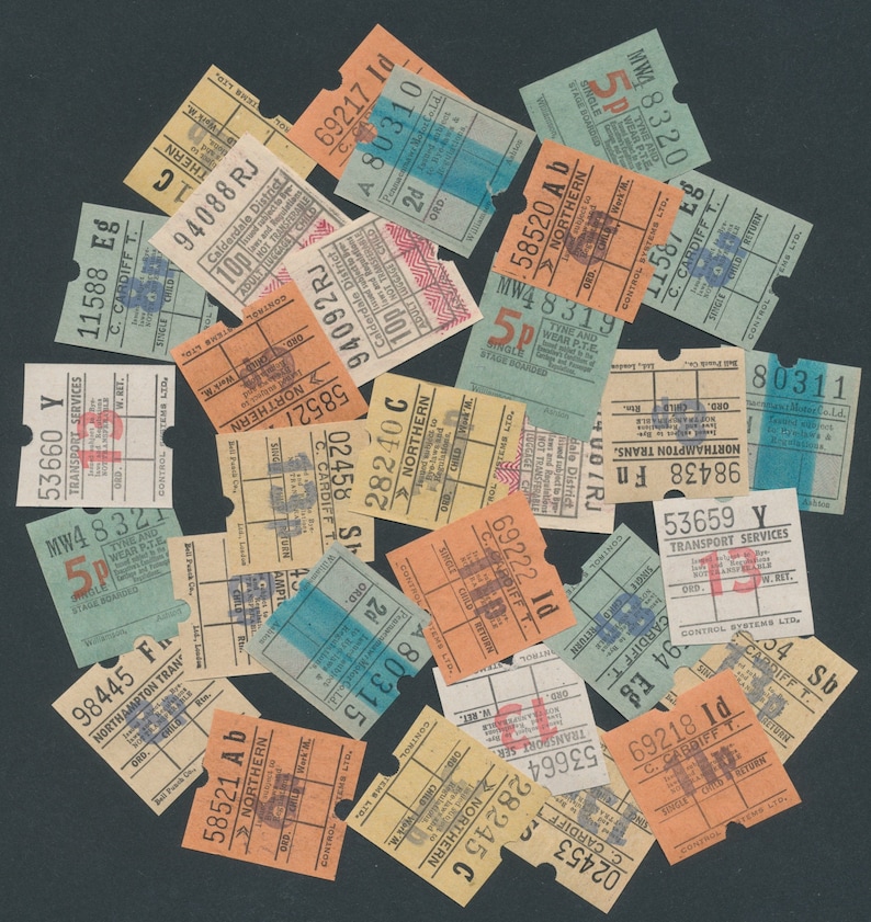 Retro U.K. Bus Tickets / England, Britain / Perfect in Collage, Artist Trading Cards, Scrapbooks, Junk Journals, Altered Books, Mixed Media image 1