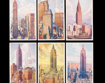 Vintage New York Building Postcards Watercolour Paintings / Empire State Building, Lower Manhattan, Rockefeller Center, Chrysler Building