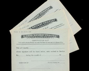 Vintage Sierra Railway Company of California Worker Identification Slips / 1920's Railroad Ephemera / Junk Journal Embellishment Collage Art