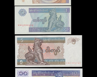 Myanmar ( Burma ) Currency 4 Banknote Set / Great Colours and Intricate Details / Use in Collage Art, Mixed Media Pieces, Altered Book Pages