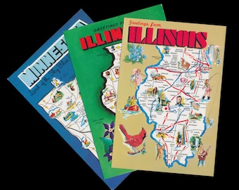 Vintage Postcards Greetings From Minnesota and Illinois / Illustrated Maps Points of Interest / Postcrossing Cards, Scrapbook Ephemera