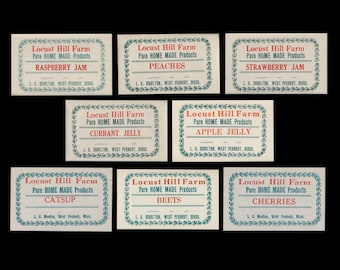 Vintage conservenlabels, Locust Hill Farm, West Peabody, Massachusetts. / Collectie halverwege de eeuw, collagepapier, versiering voor tijdschriften
