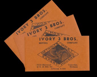 Etichette vintage Centerline Michigan anni '50 / Logo elefante della ditta di traslochi 3 Bros. avorio nero e arancione / Collezione di materiale effimero su carta collage