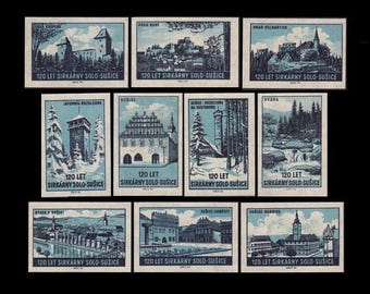 Vintage 1959 Czechoslovakia Matchbox Labels / Iconic Solo Sucise Company / Blue Castles and Famous Buildings / Collectable Set, ATC Material