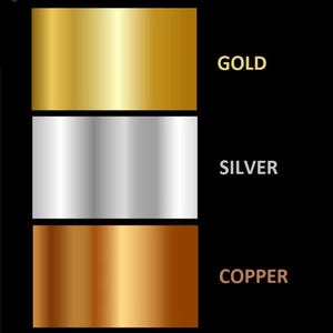 May include: Three metallic swatches, gold, silver, and copper, with the names of each colour printed below.