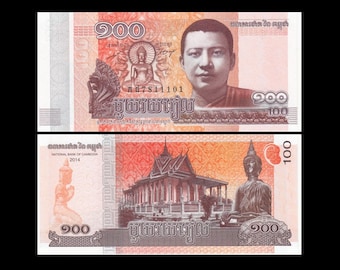 Cambodia Banknotes 100 Riels /  Foreign Currency for Collections, ATC Series, Mixed Media, Travel Theme Art, Junk Journal Embellishment