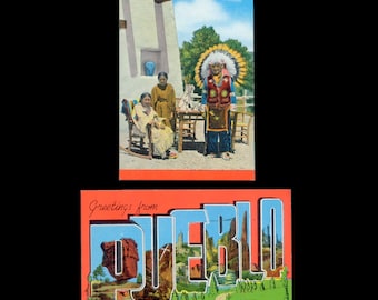 Vintage Linen Postcards / Greetings From Pueblo / Indians, Chief In Scenic Colorado / Collectable Cards, Altered Book Material, Junk Journal