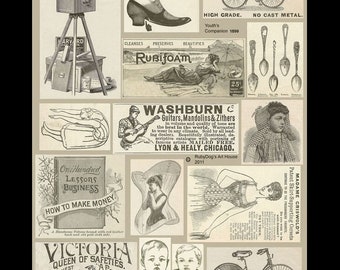 Vintage, collagevel advertenties sepia / gemengde techniek, decoupage, gewijzigde boeken, ATC's, collage met antieke thema's, schaduwdoos, rommeljournaal