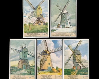 Carte Liebig vintage, serie Mulini a vento in Belgio, edizione olandese del 1942 / Immagini litografiche per collezionisti, artisti del collage, libri di junk journal