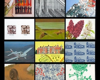 May include: A grid of twelve distinct rectangular images featuring varied subjects including abstract art, architectural sketches, water reflections, a dragonfly, lilac flowers, a small airplane, a building labeled Dersingham Wood, a house pattern, a snail, floral wallpaper, and a green tree illustration.