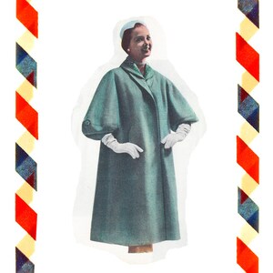 May include: A woman wearing a teal coat with a white hat and white gloves. The image is framed with a red, white, and blue border.