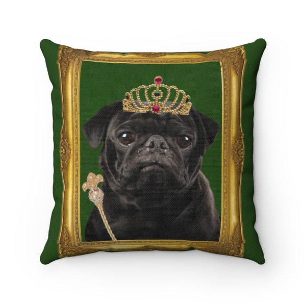 Black Pug Jewel Tone Royal-Pug With Crown Design Spun Polyester Square Pillow